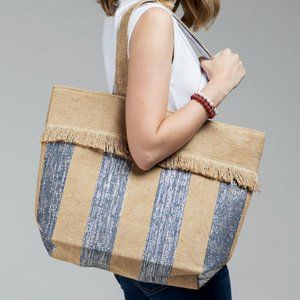 Woven Jute Stripe Metallic blueTote shoulder bag